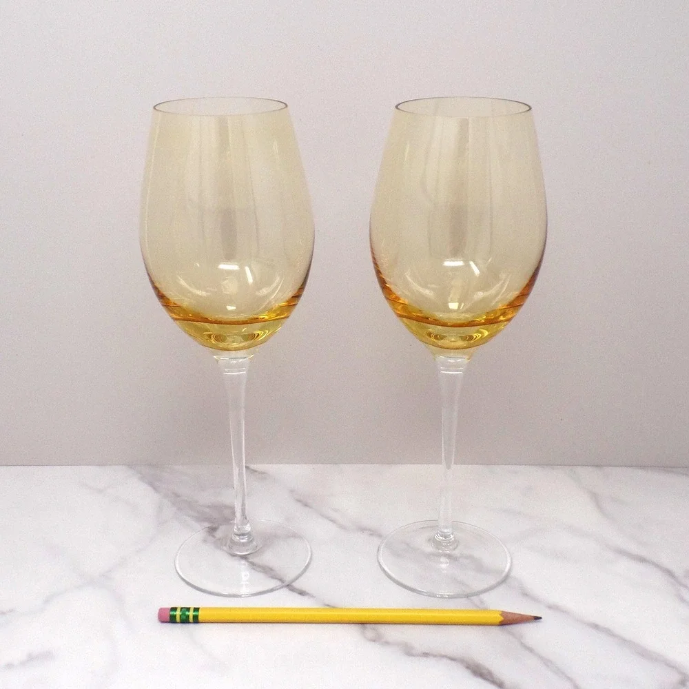 Vintage Yellow & Clear Handblown Wine Glass, set of 2